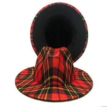 Фетровая шапка с завязками, цветен нова джаз зимна шапка в клетката и ивица с плоска периферия, регулируем фетровая шапка унисекс, двуцветен джаз шапка, мъжка шапка